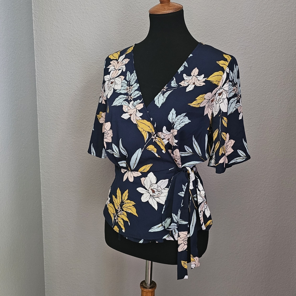 Sold Floral Wrap Top - Navy and Yellow Large